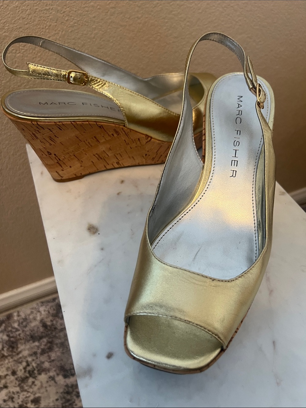 Marc Fisher Metallic Gold Peep-Toe Cork Wedge Slingbacks